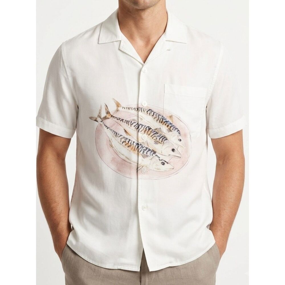 Venroy Off-White 100% Silk Fish Print Camp Collar Shirt Size M Medium